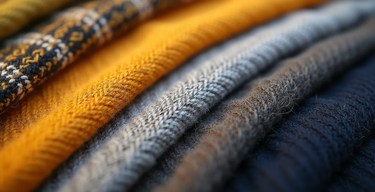 Nahaufnahme verschiedener Stofftexturen in harmonischer Anordnung, die den Kontrast zwischen Wolle, Seide und Baumwolle zeigt.