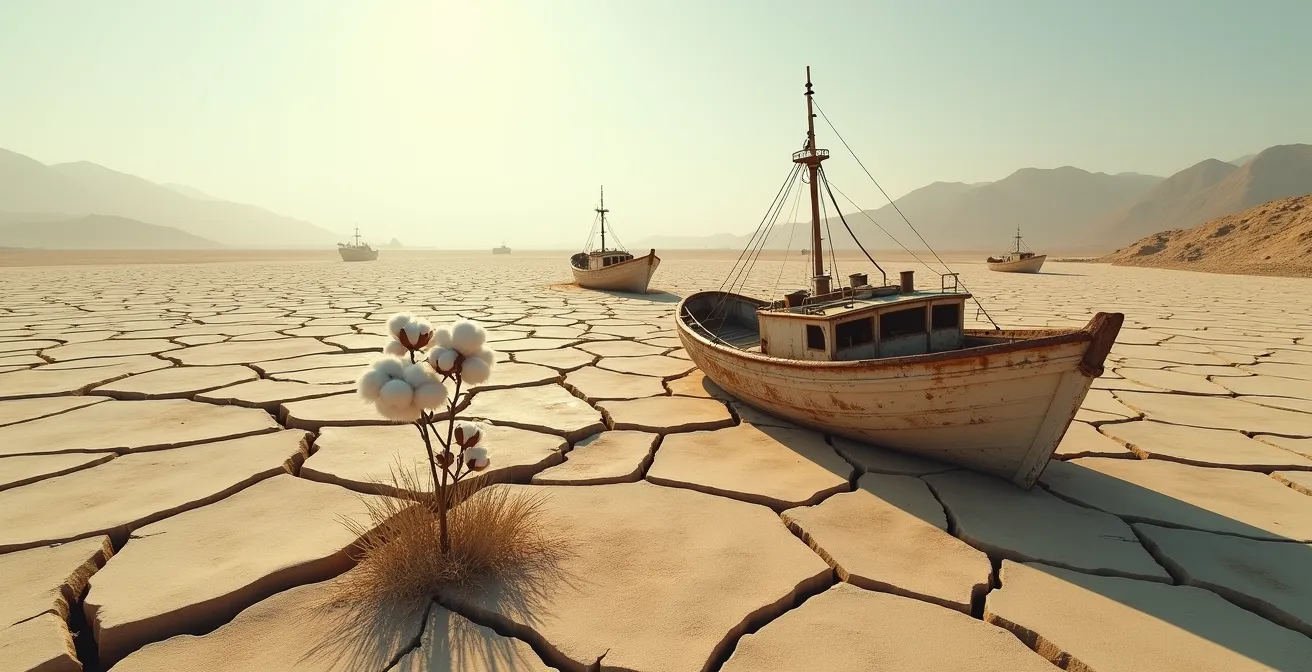 Ausgetrocknete Landschaft mit verlassenen Schiffen als Symbol der Umweltkatastrophe durch Baumwollanbau