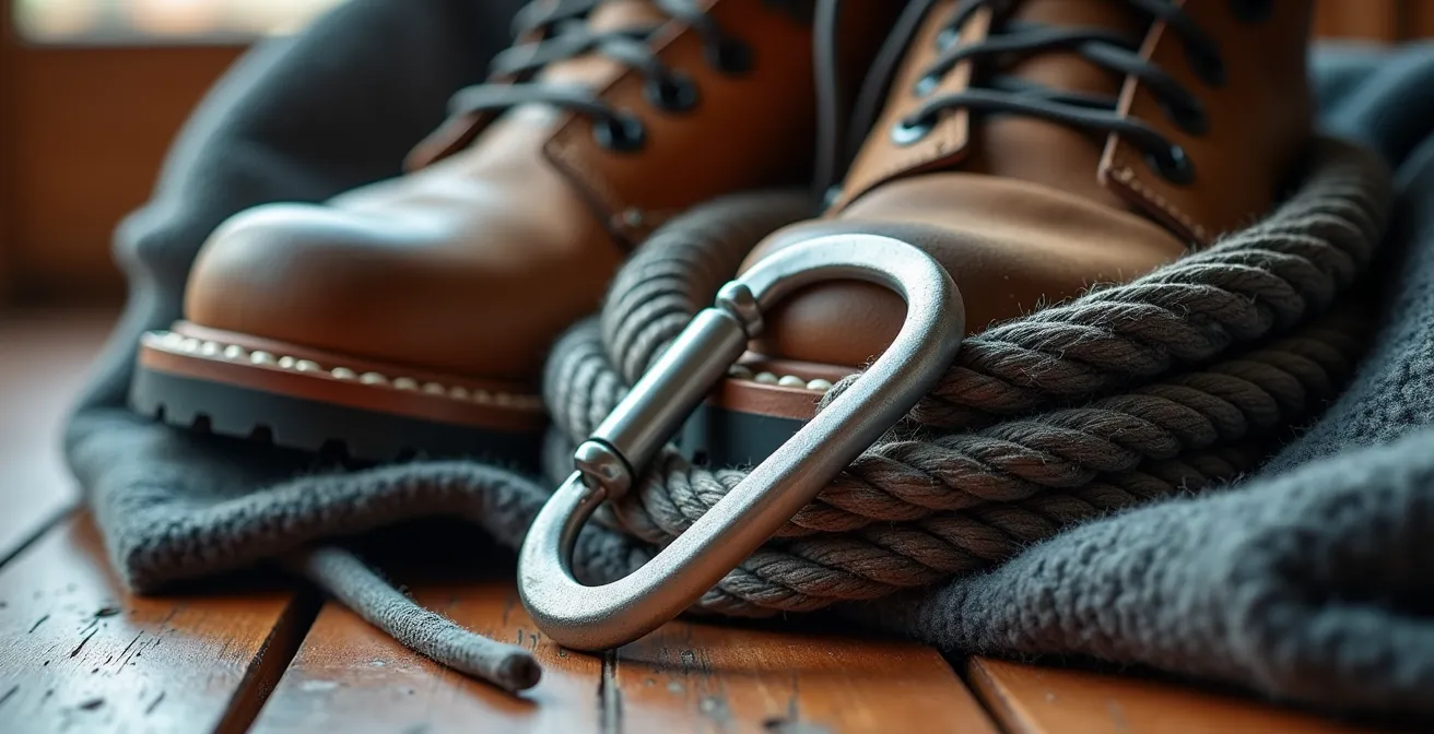 Professionell gepackter Wanderrucksack mit sorgfältig arrangierter Trekkingausrüstung wie Wanderschuhen und Seil