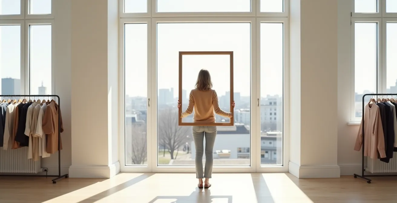 Verschiedene Modetrends werden durch einen symbolischen Filter betrachtet, gehalten von einer Person in einer hellen deutschen Wohnung.