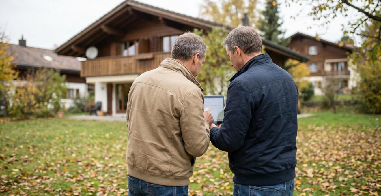 Europäisches Paar betrachtet Tablet vor einem Schweizer Einfamilienhaus – Immobilienbewertung