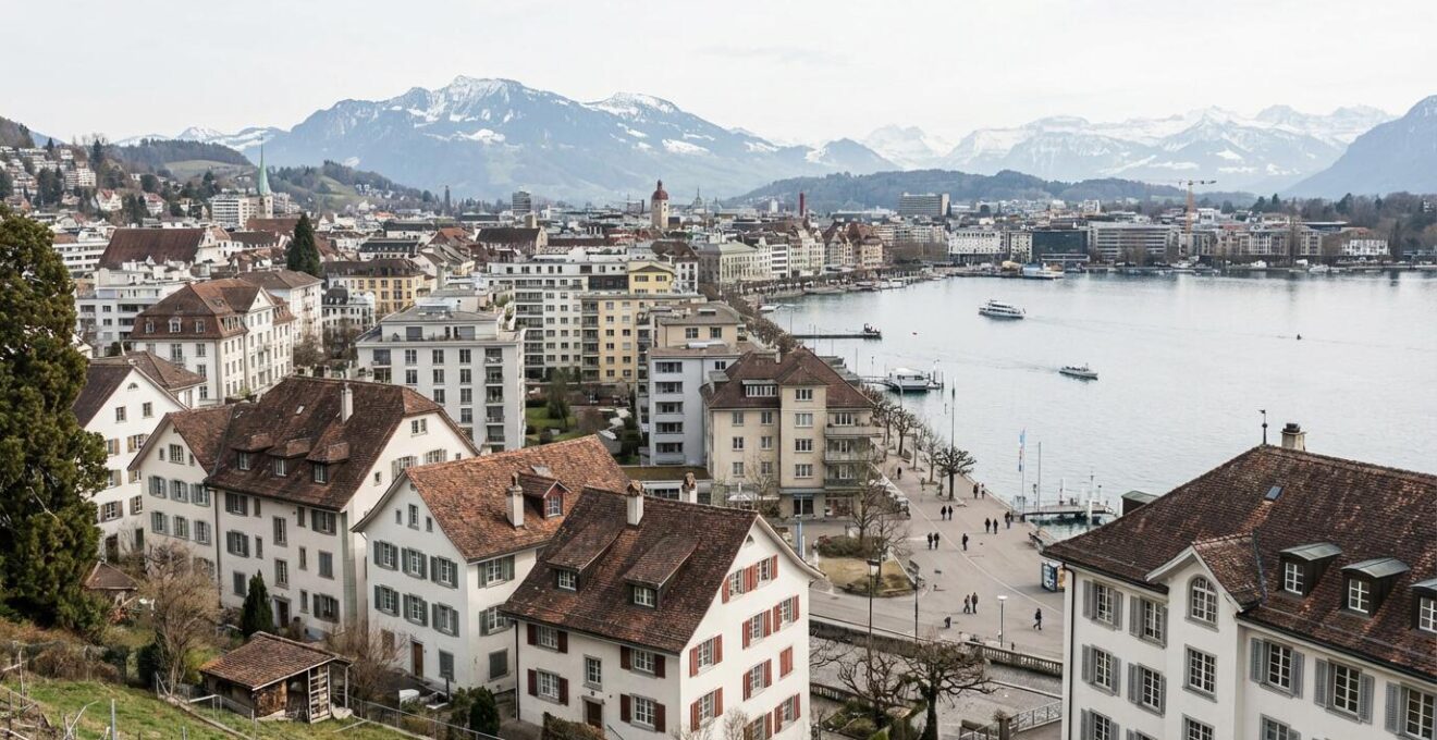 Panorama einer Schweizer Stadt mit Wohnhäusern und Bergkulisse – Immobilienpreise Schweiz
