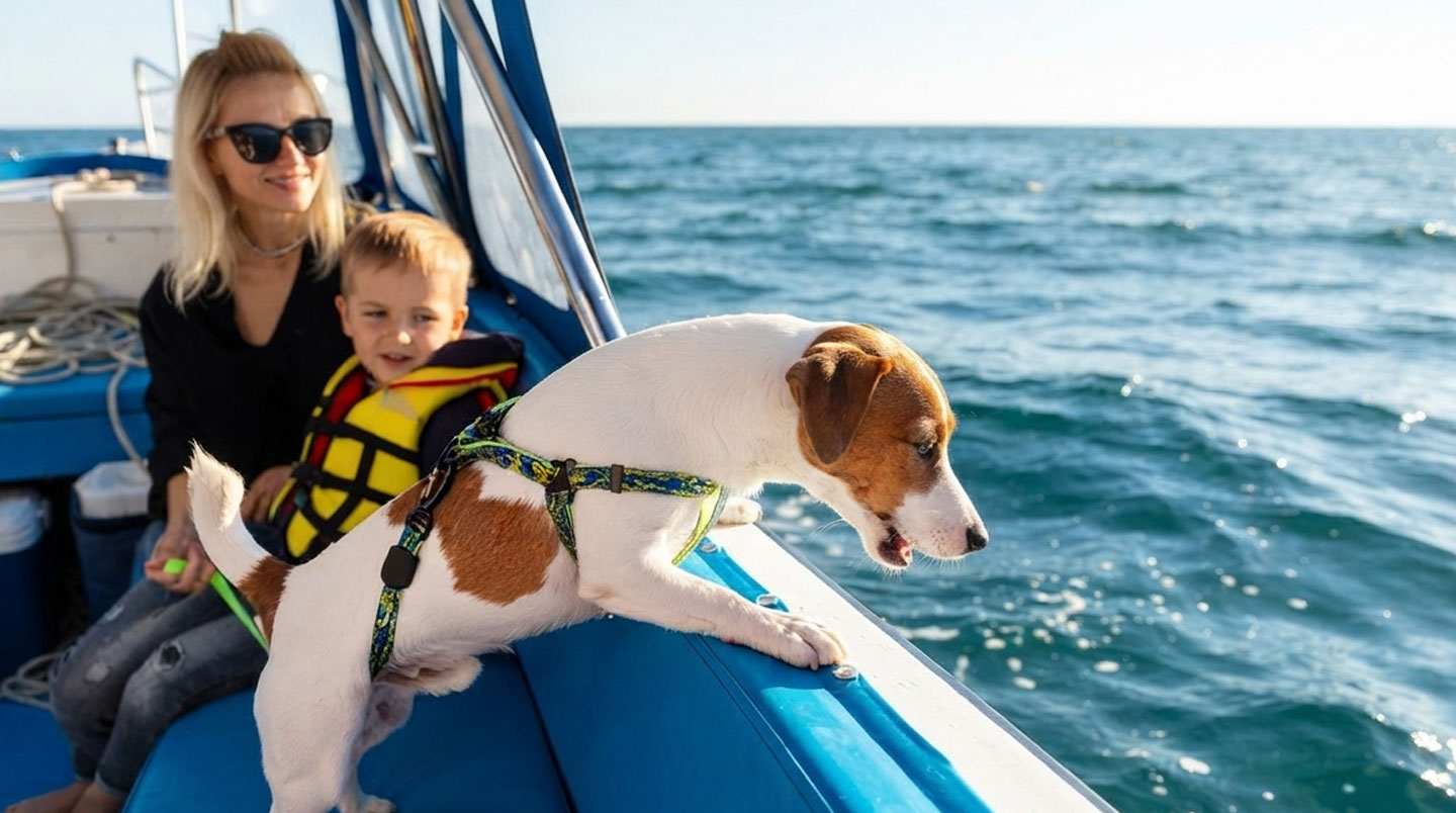 Deutsches Auto mit Familie und Hund in Einschiffungswarteschlange am Fährhafen
