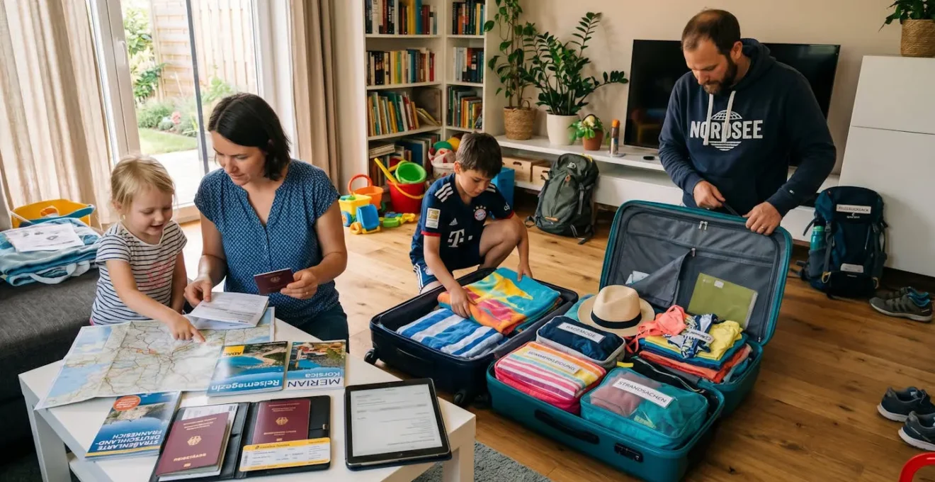 Deutsche Familie bereitet Fährüberfahrt nach Korsika vor, packt Koffer und sortiert Reisedokumente im Wohnzimmer