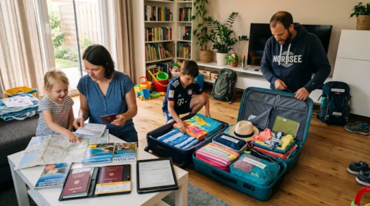 Deutsche Familie bereitet Fährüberfahrt nach Korsika vor, packt Koffer und sortiert Reisedokumente im Wohnzimmer
