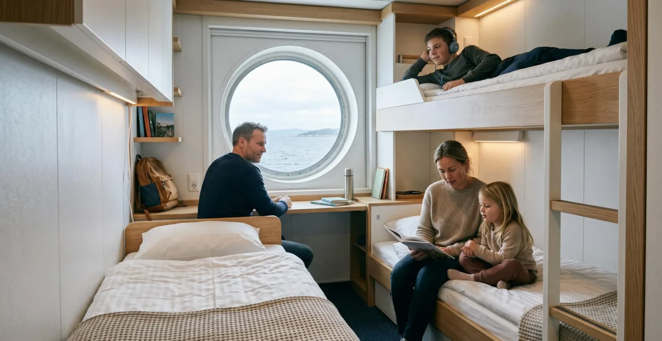 Moderne Fährkabine mit Familie entspannt untergebracht, Meerblick durch Bullauge