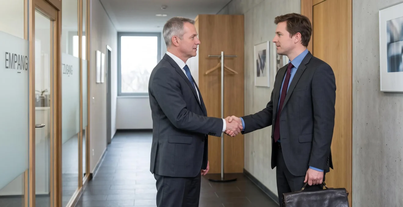 Ein Hiring Manager und eine Personalvermittlerin schütteln sich in einem hellen Firmenflur eines deutschen Engineering-Unternehmens die Hand.