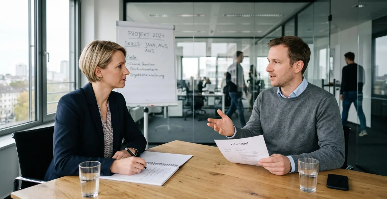 Eine Personalberaterin führt ein Bewerbungsgespräch mit einem IT-Fachmann in einem hellen Besprechungsraum eines deutschen Unternehmens.