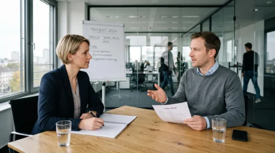 Eine Personalberaterin führt ein Bewerbungsgespräch mit einem IT-Fachmann in einem hellen Besprechungsraum eines deutschen Unternehmens.
